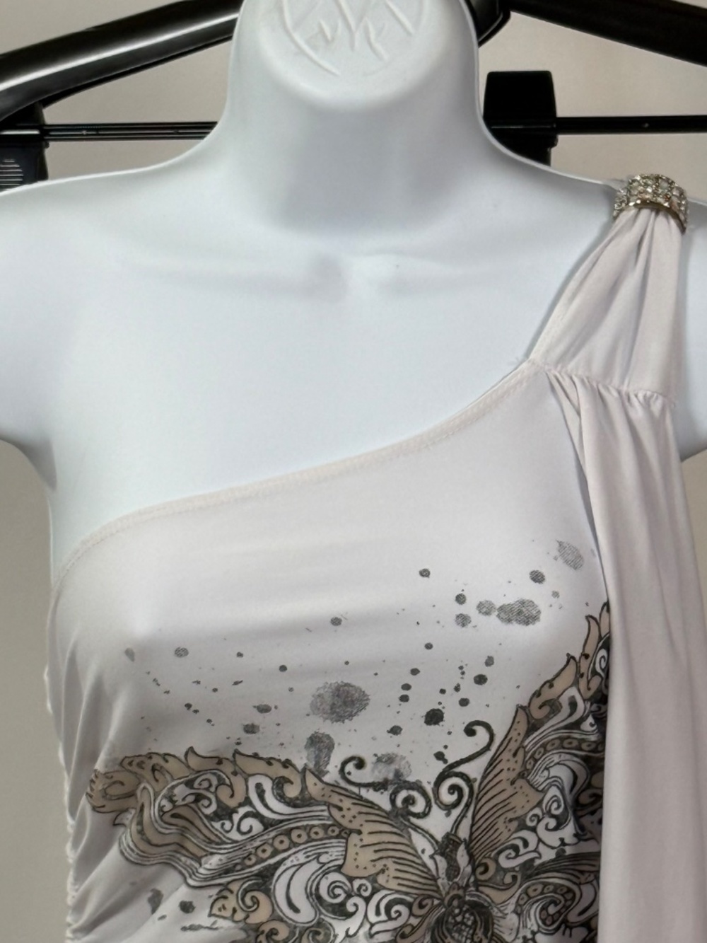 DeMore White One Shoulder Ruched Rhinestone Dress M - Picture 4 of 13